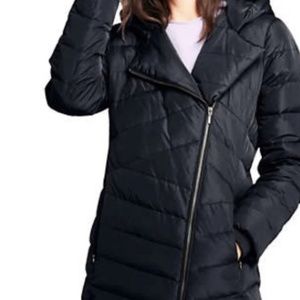 LANDS' END Sz S Black Asymmetrical Zipper Hooded Down Long Puffer Coat